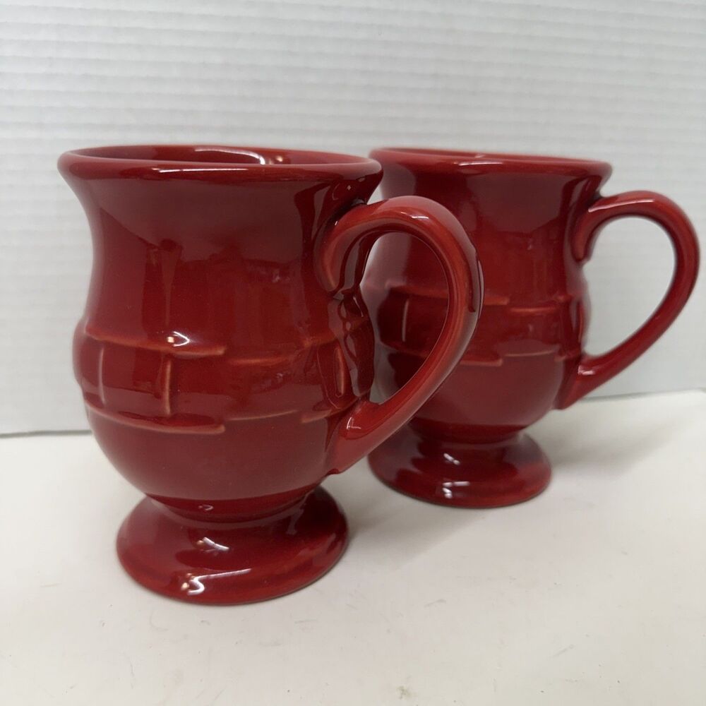 Longaberger Pottery Mugs Woven Traditions Pedestal Footed Paprika Set Of 2